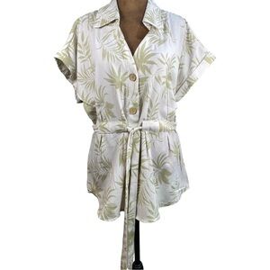 Women's Button Down Shirt with Belt -‎ Green Leaf Print